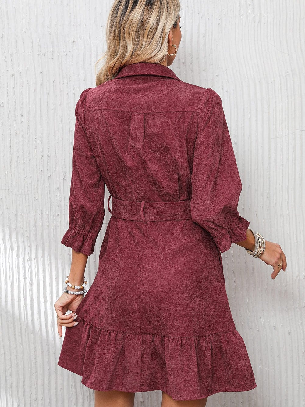 Red Corduroy Dahlia Shirt Dress with Ruffled Hem and Collared Front Buttons
