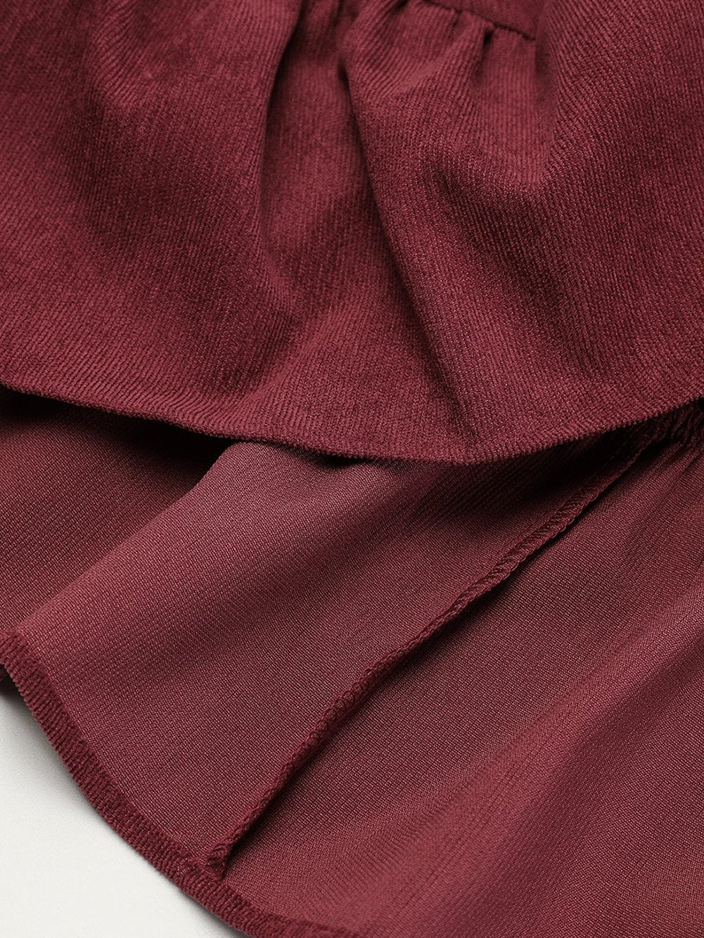 Red Corduroy Dahlia Shirt Dress with Ruffled Hem and Collared Front Buttons