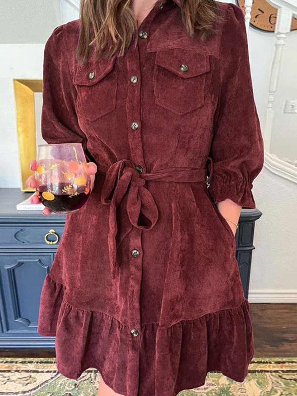 Red Corduroy Dahlia Shirt Dress with Ruffled Hem and Collared Front Buttons