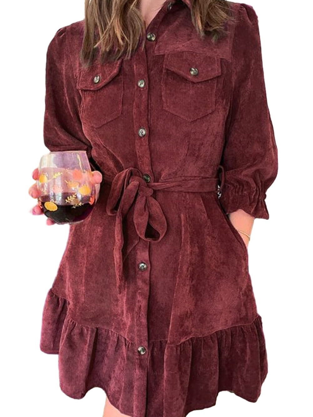 Red Corduroy Dahlia Shirt Dress with Ruffled Hem and Collared Front Buttons