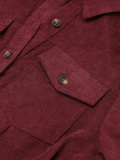 Red Corduroy Dahlia Shirt Dress with Ruffled Hem and Collared Front Buttons