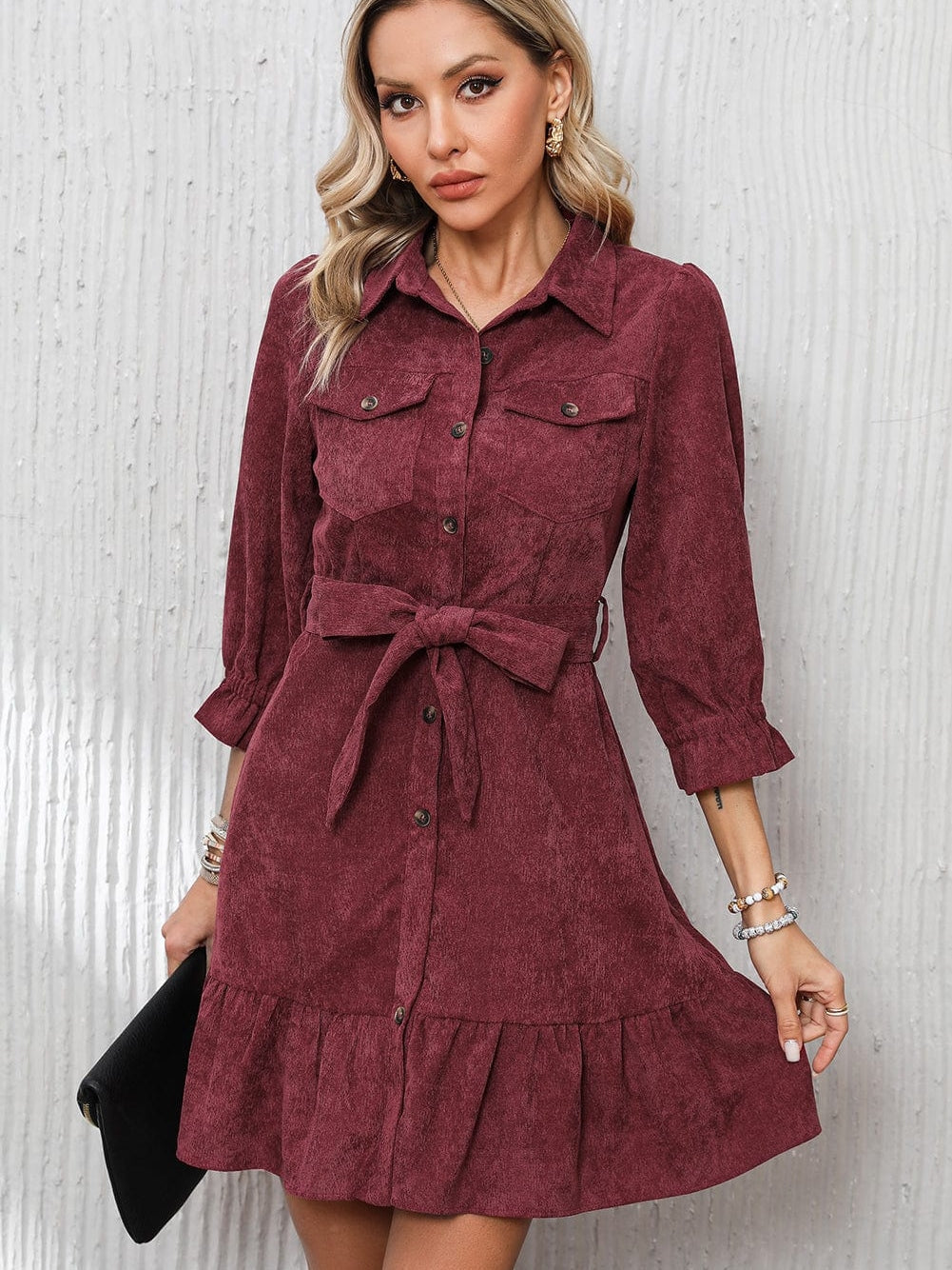 Red Corduroy Dahlia Shirt Dress with Ruffled Hem and Collared Front Buttons