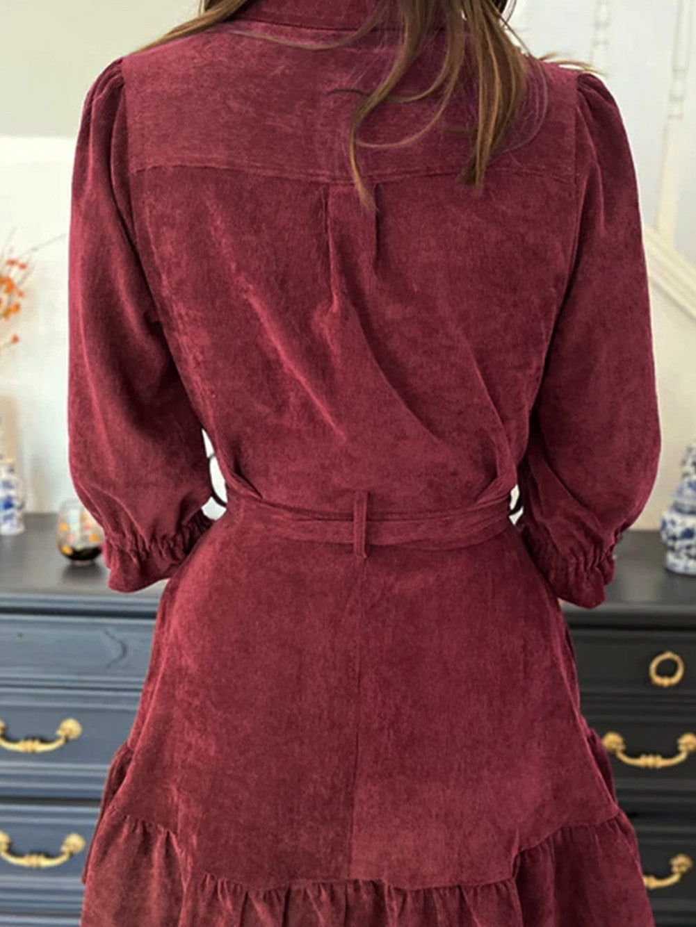 Red Corduroy Dahlia Shirt Dress with Ruffled Hem and Collared Front Buttons