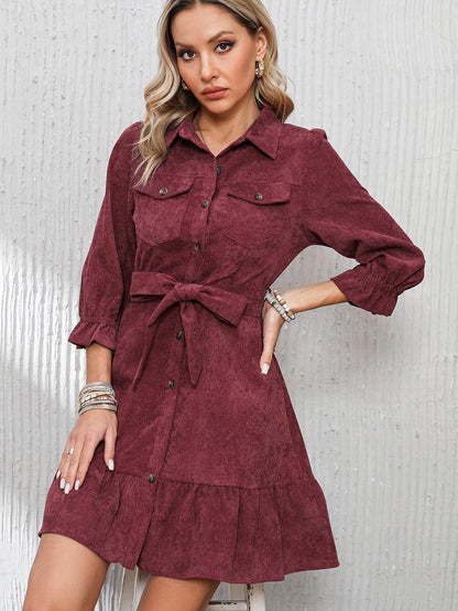 Red Corduroy Dahlia Shirt Dress with Ruffled Hem and Collared Front Buttons