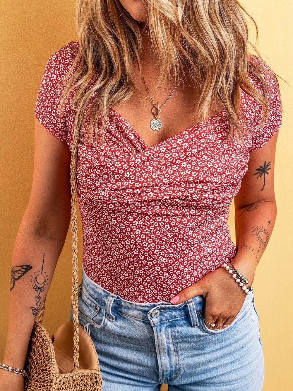 Red Floral Wrap V Neck Short Sleeve Bodysuit