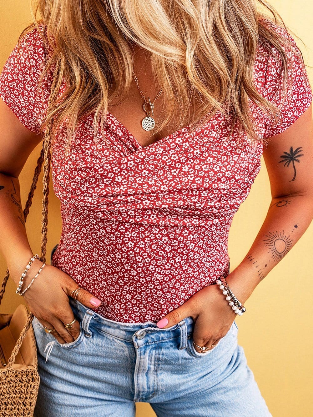 Red Floral Wrap V Neck Short Sleeve Bodysuit
