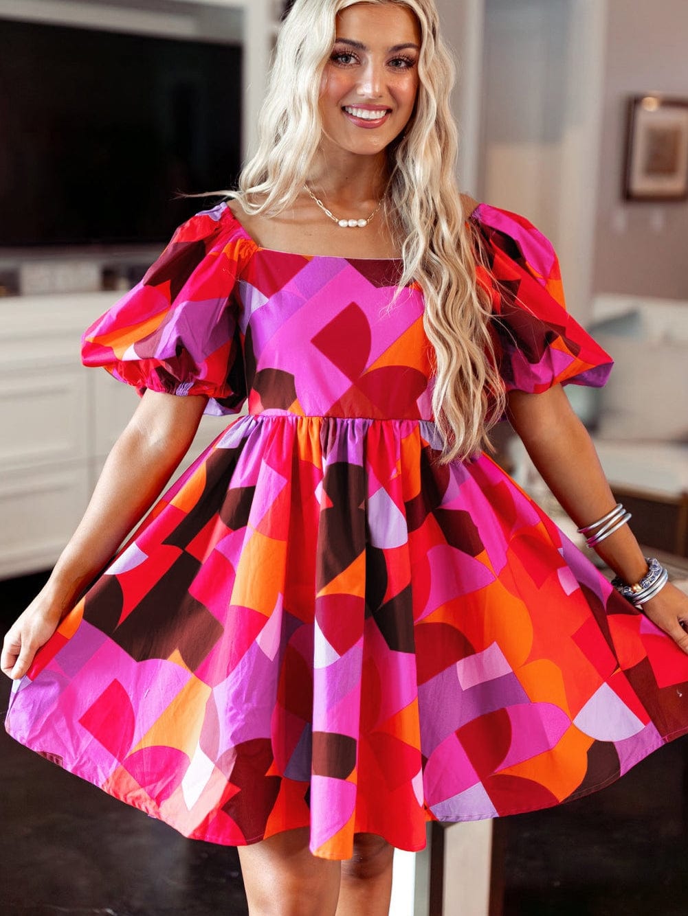 Red Geometric Print Square Neck Puff Sleeve Mini Dress