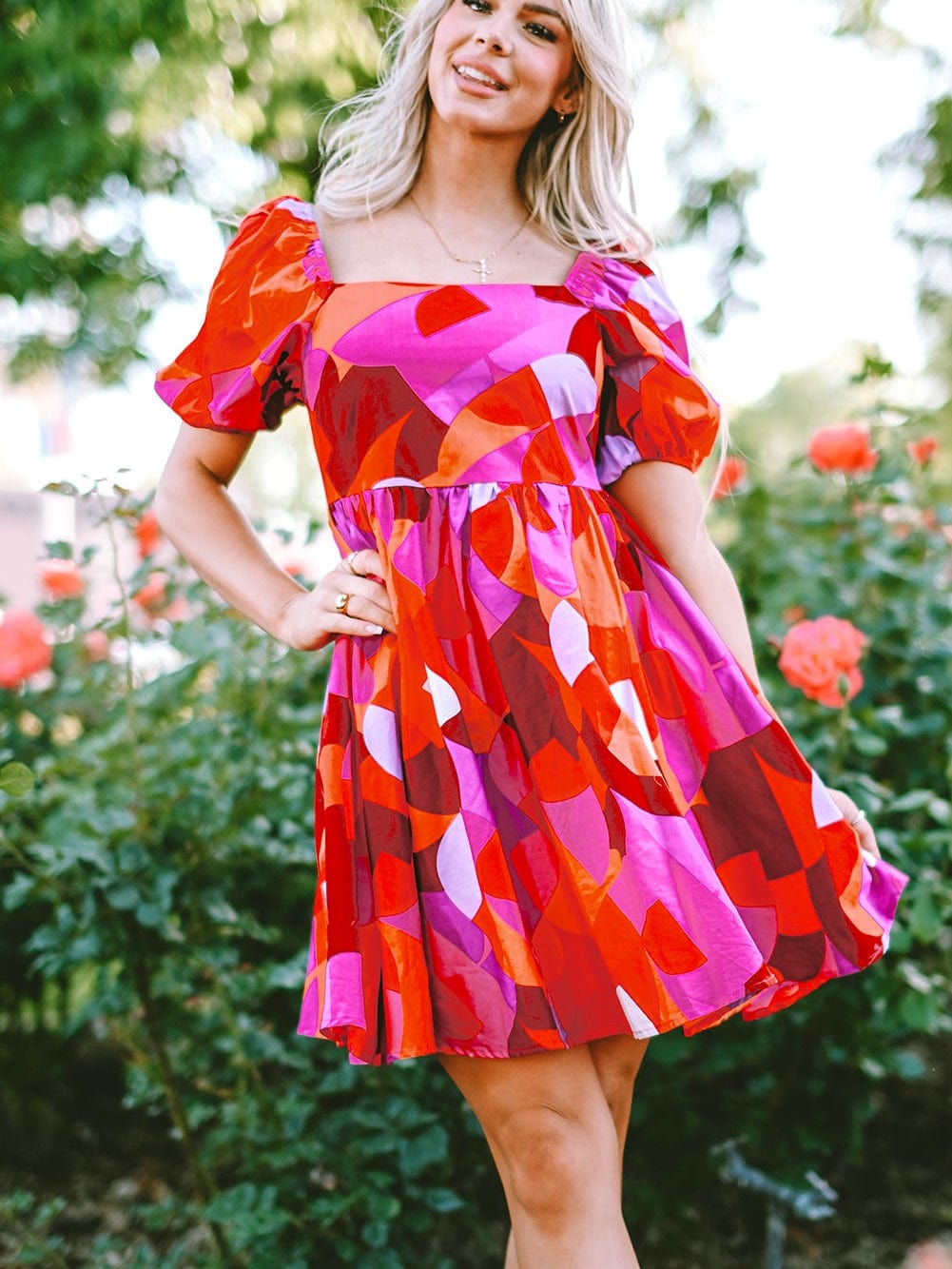 Red Geometric Print Square Neck Puff Sleeve Mini Dress