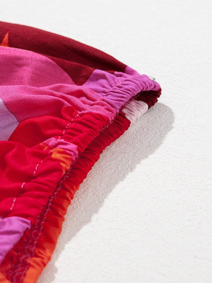 Red Geometric Print Square Neck Puff Sleeve Mini Dress