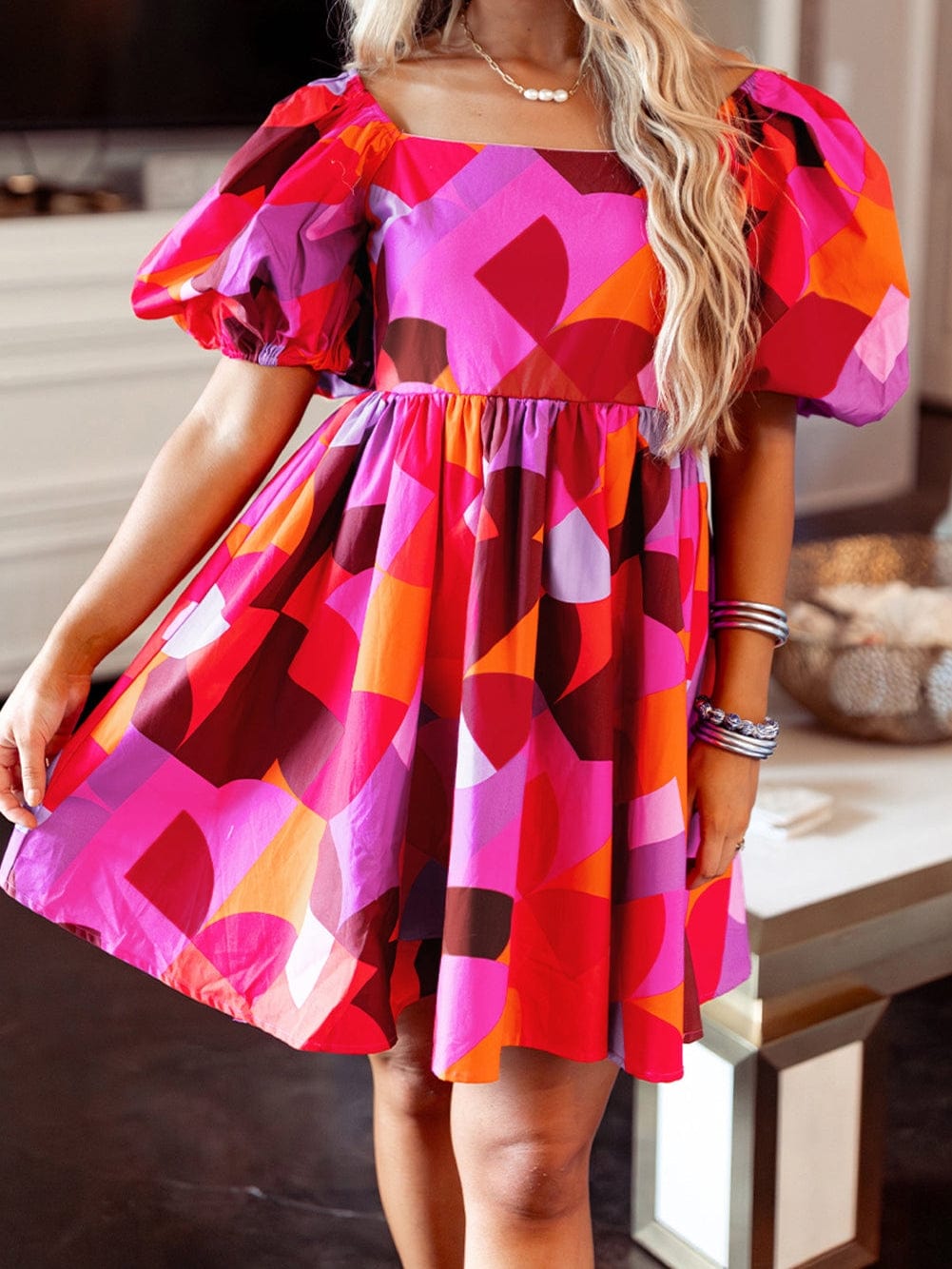 Red Geometric Print Square Neck Puff Sleeve Mini Dress