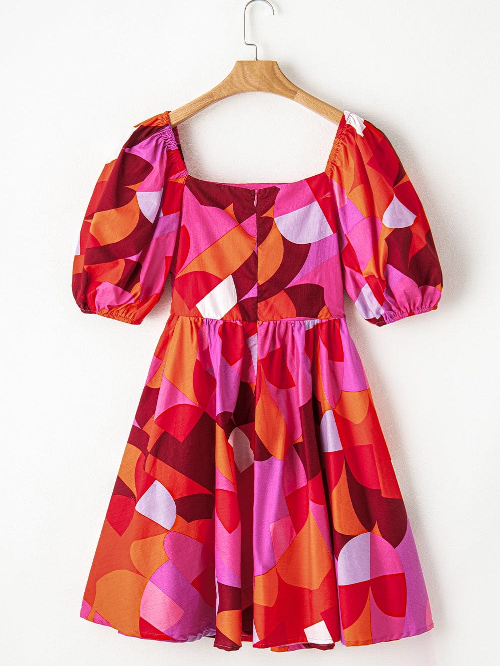 Red Geometric Print Square Neck Puff Sleeve Mini Dress