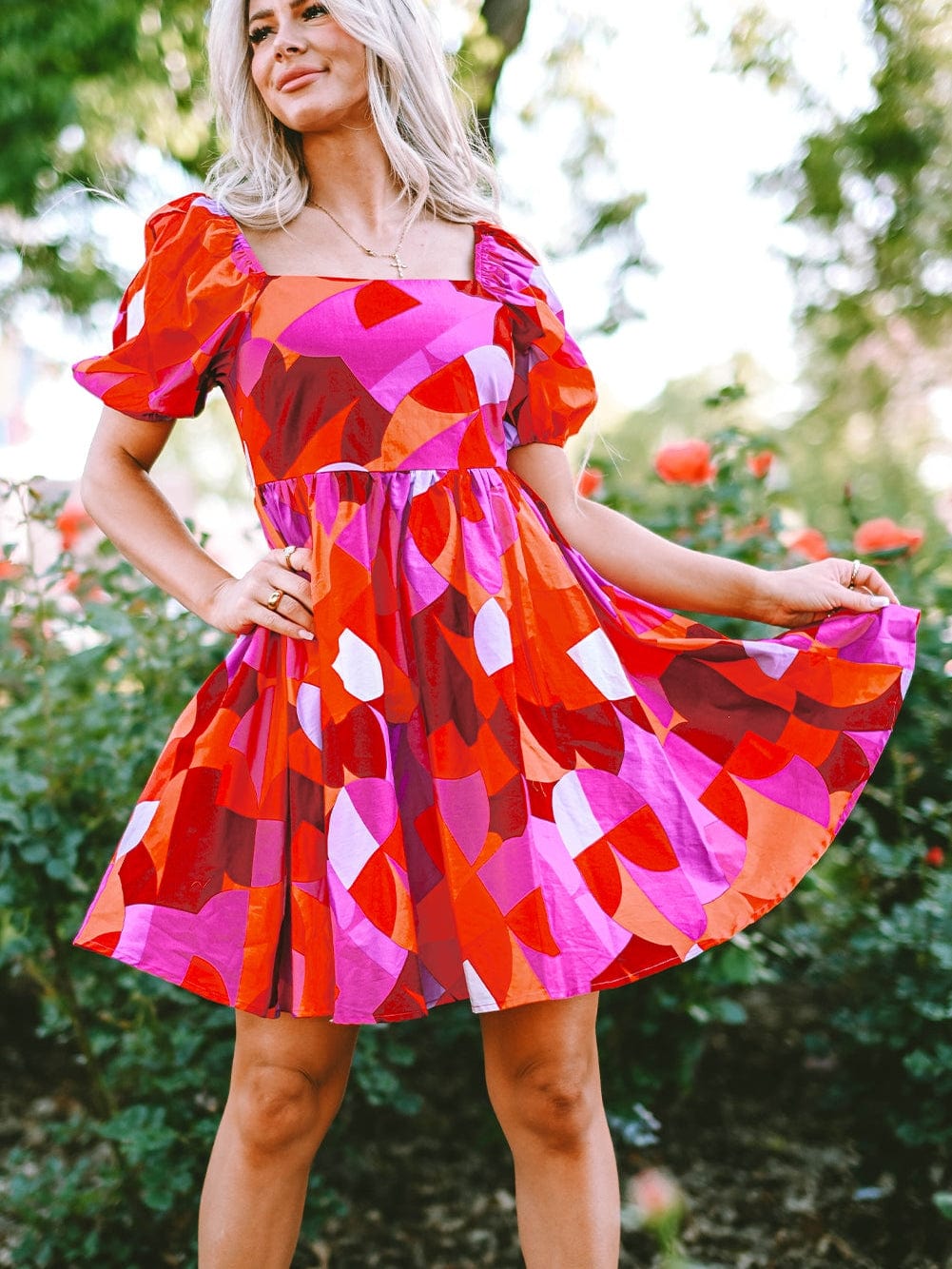 Red Geometric Print Square Neck Puff Sleeve Mini Dress