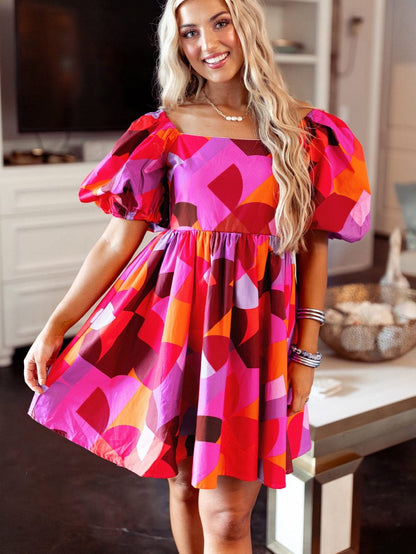 Red Geometric Print Square Neck Puff Sleeve Mini Dress