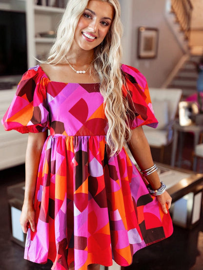 Red Geometric Print Square Neck Puff Sleeve Mini Dress