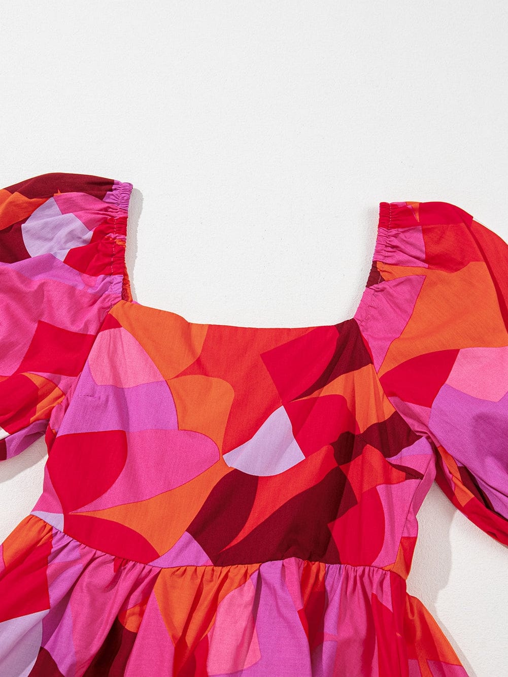 Red Geometric Print Square Neck Puff Sleeve Mini Dress