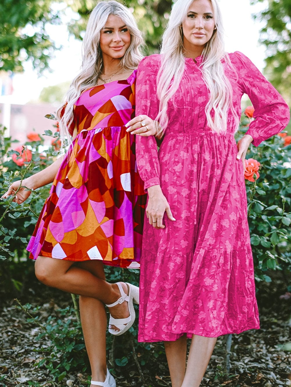 Red Geometric Print Square Neck Puff Sleeve Mini Dress