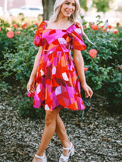 Red Geometric Print Square Neck Puff Sleeve Mini Dress