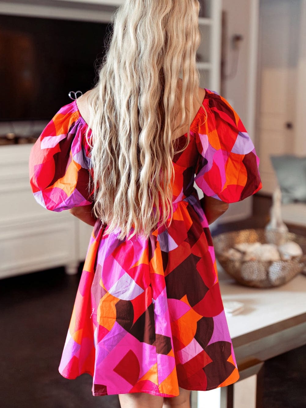 Red Geometric Print Square Neck Puff Sleeve Mini Dress