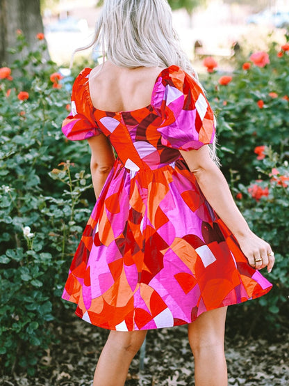 Red Geometric Print Square Neck Puff Sleeve Mini Dress