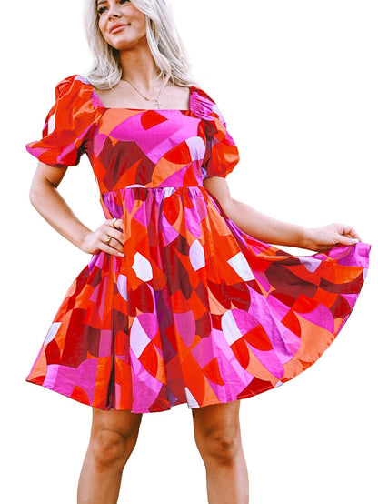 Red Geometric Print Square Neck Puff Sleeve Mini Dress