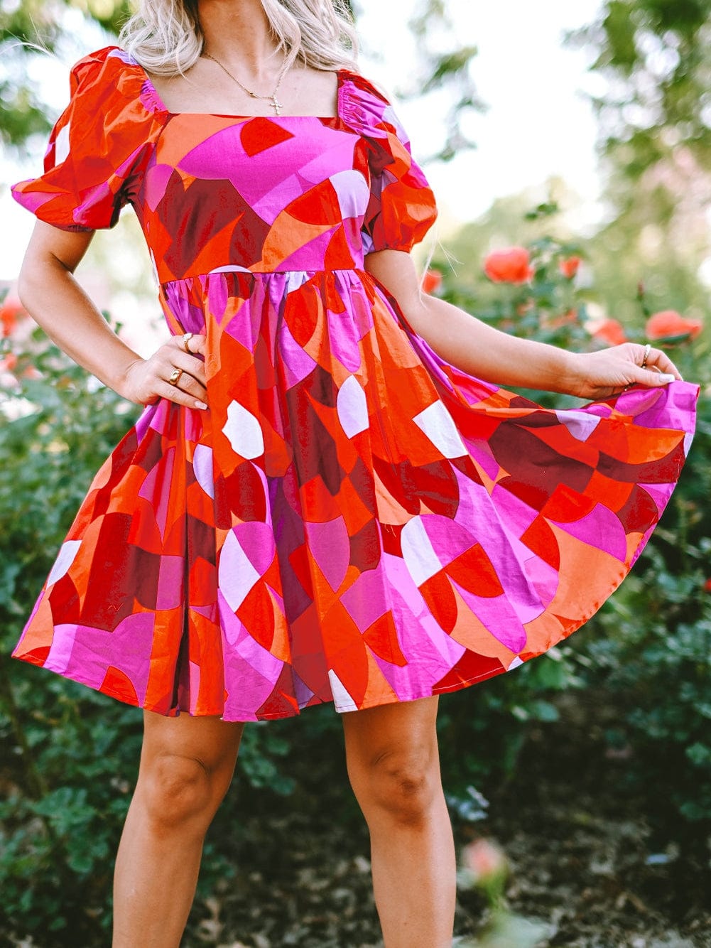 Red Geometric Print Square Neck Puff Sleeve Mini Dress