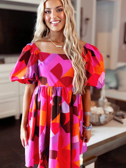 Red Geometric Print Square Neck Puff Sleeve Mini Dress