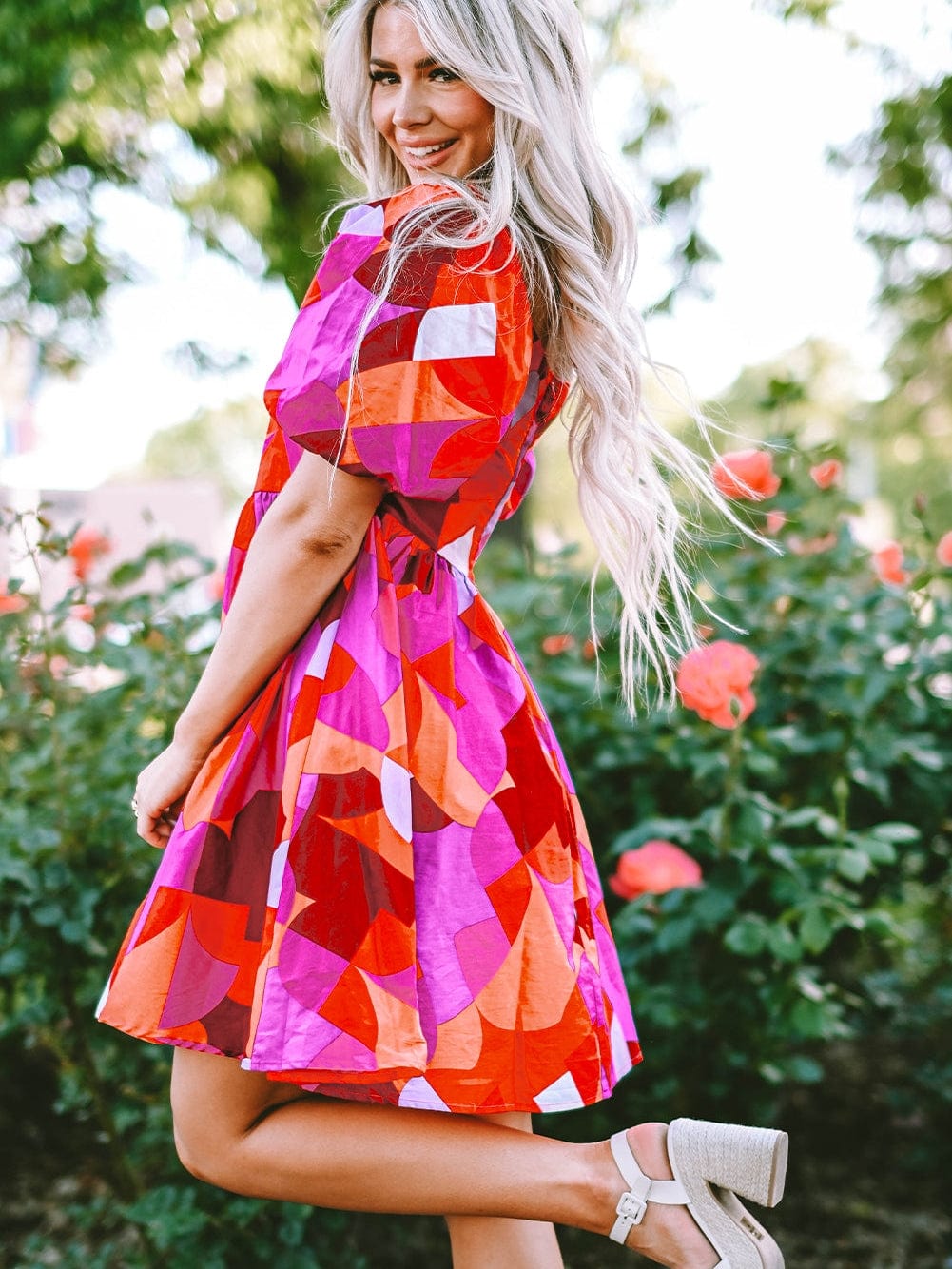 Red Geometric Print Square Neck Puff Sleeve Mini Dress