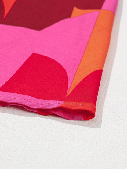 Red Geometric Print Square Neck Puff Sleeve Mini Dress