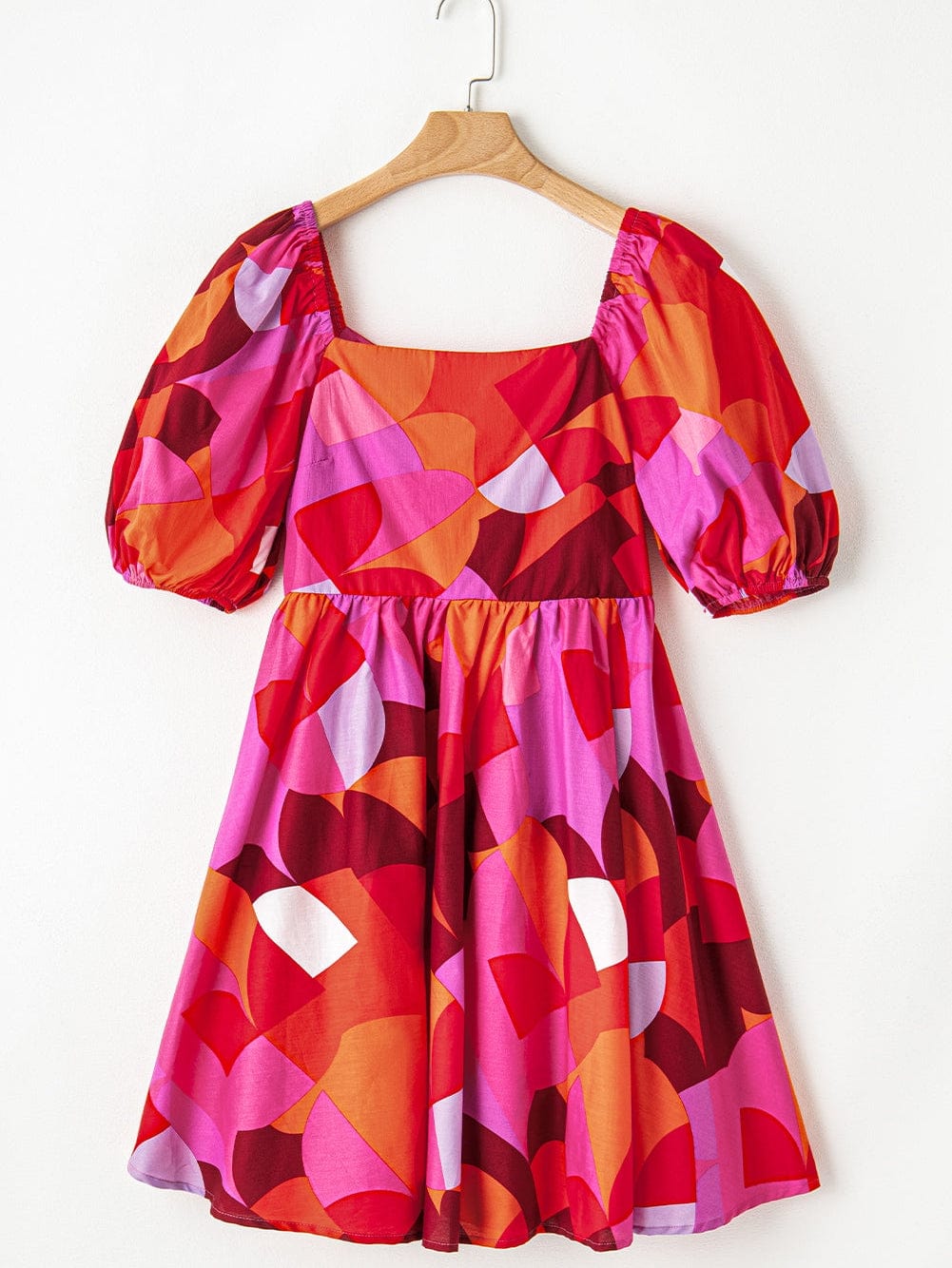 Red Geometric Print Square Neck Puff Sleeve Mini Dress