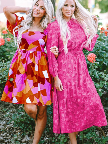 Red Geometric Print Square Neck Puff Sleeve Mini Dress