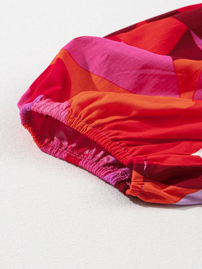 Red Geometric Print Square Neck Puff Sleeve Mini Dress