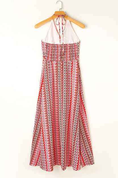 Red Halter Neck Geometric Tribal Print Backless Maxi Dress