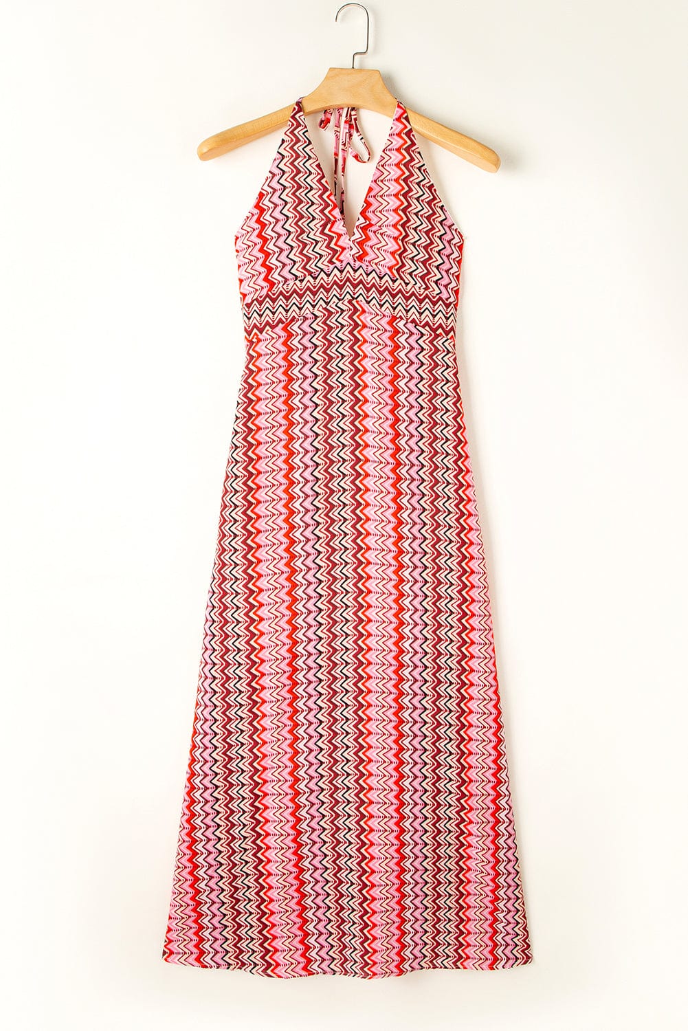 Red Halter Neck Geometric Tribal Print Backless Maxi Dress