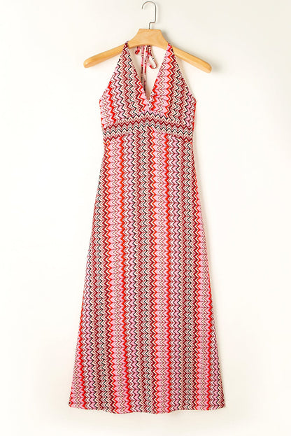 Red Halter Neck Geometric Tribal Print Backless Maxi Dress