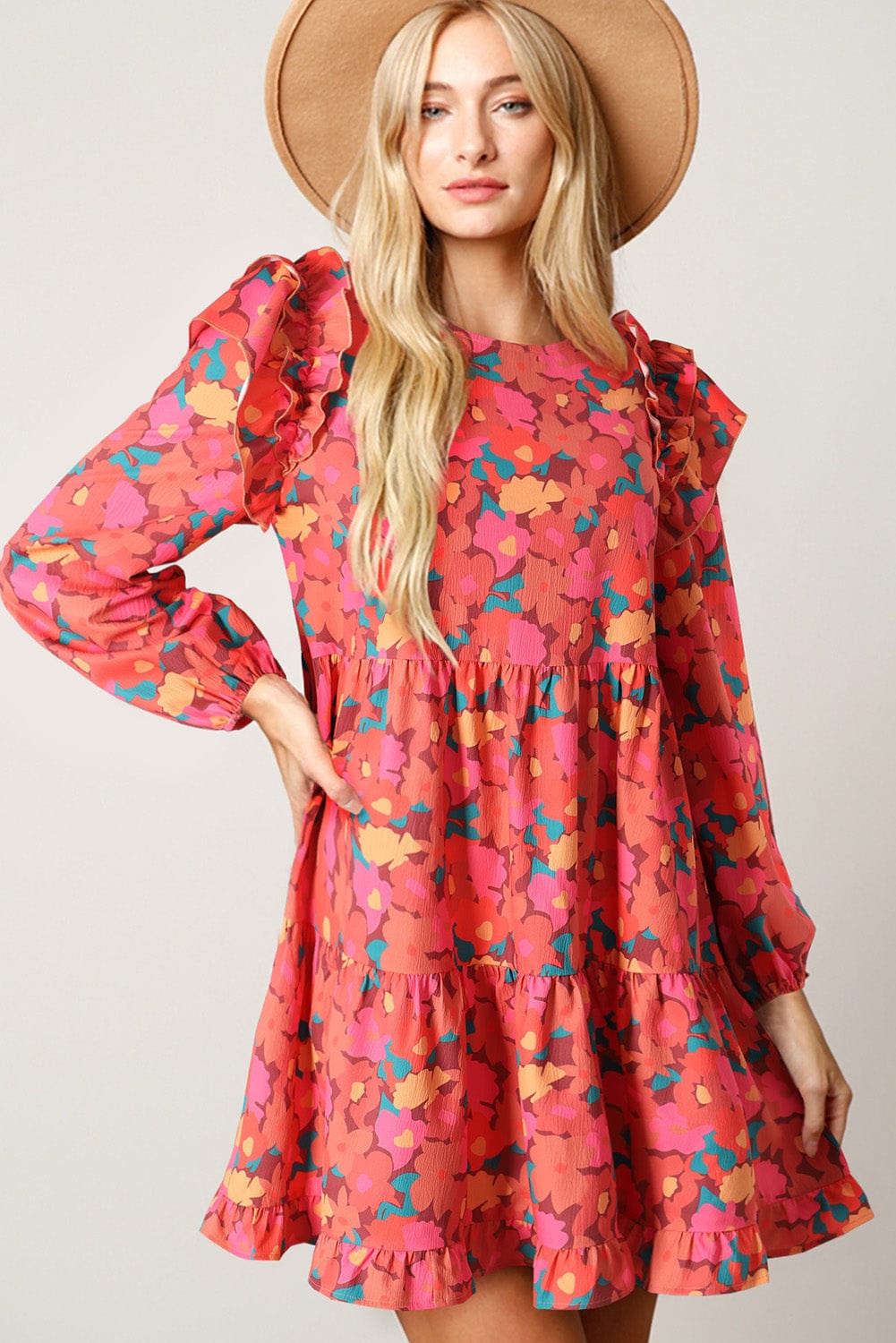 Red Rose Floral Ruffle Sleeve Mini Dress