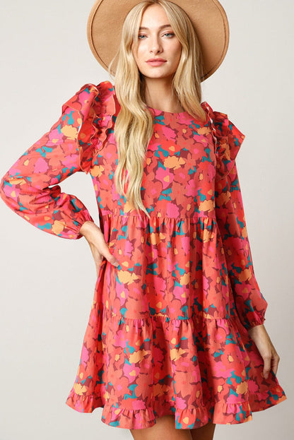 Red Rose Floral Ruffle Sleeve Mini Dress