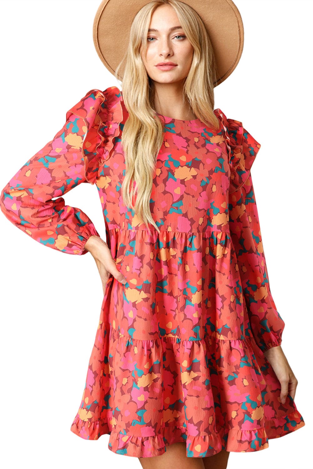Red Rose Floral Ruffle Sleeve Mini Dress