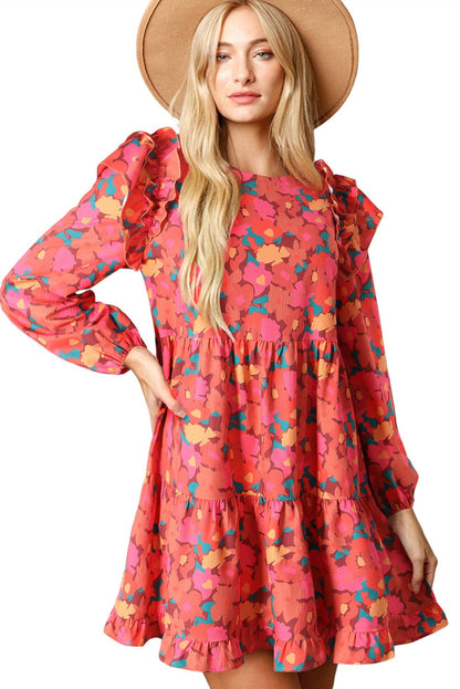 Red Rose Floral Ruffle Sleeve Mini Dress