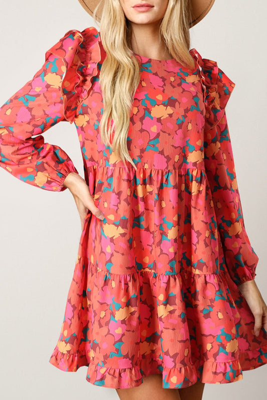 Red Rose Floral Ruffle Sleeve Mini Dress