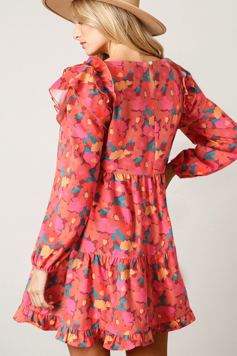 Red Rose Floral Ruffle Sleeve Mini Dress