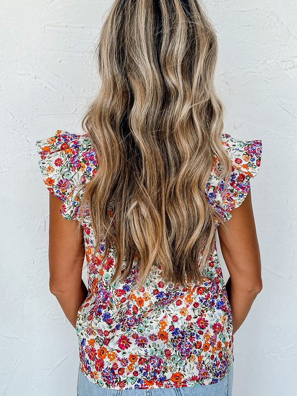 Red Rose Flower Pattern Square Neck Ruffle Sleeve Tank Top