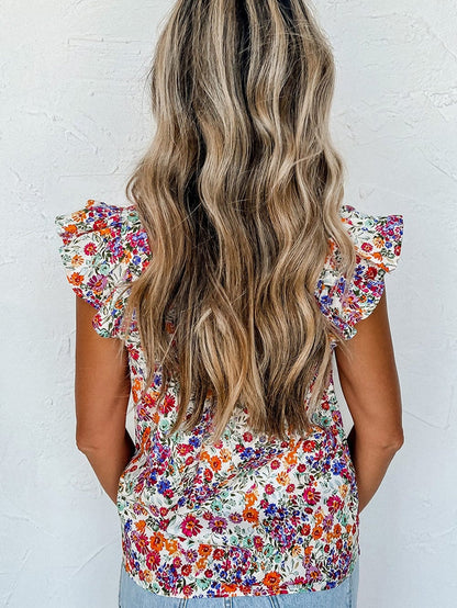 Red Rose Flower Pattern Square Neck Ruffle Sleeve Tank Top