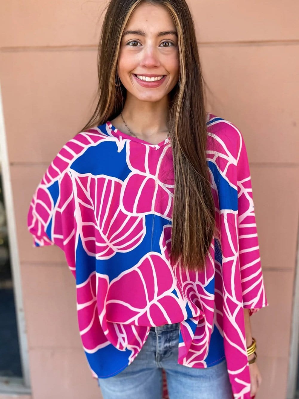 Red Rose Print Flowy V Neck Blouse with 3/4 Sleeves