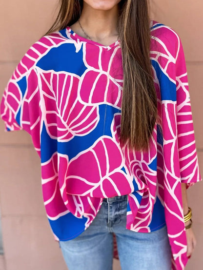 Red Rose Print Flowy V Neck Blouse with 3/4 Sleeves