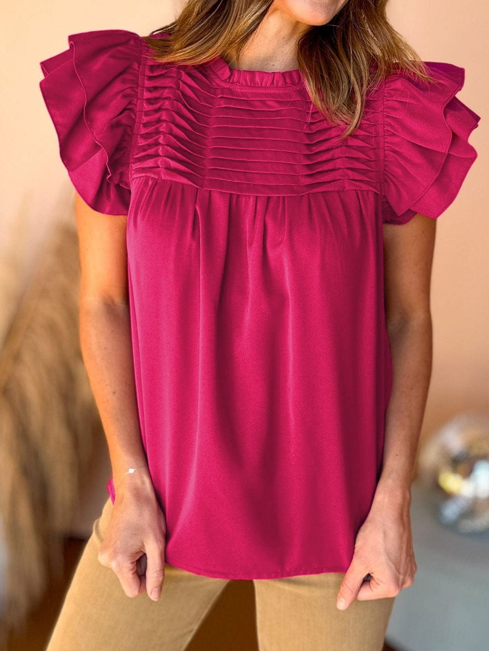 Red Rose Smocked Ruffle Sleeve Top