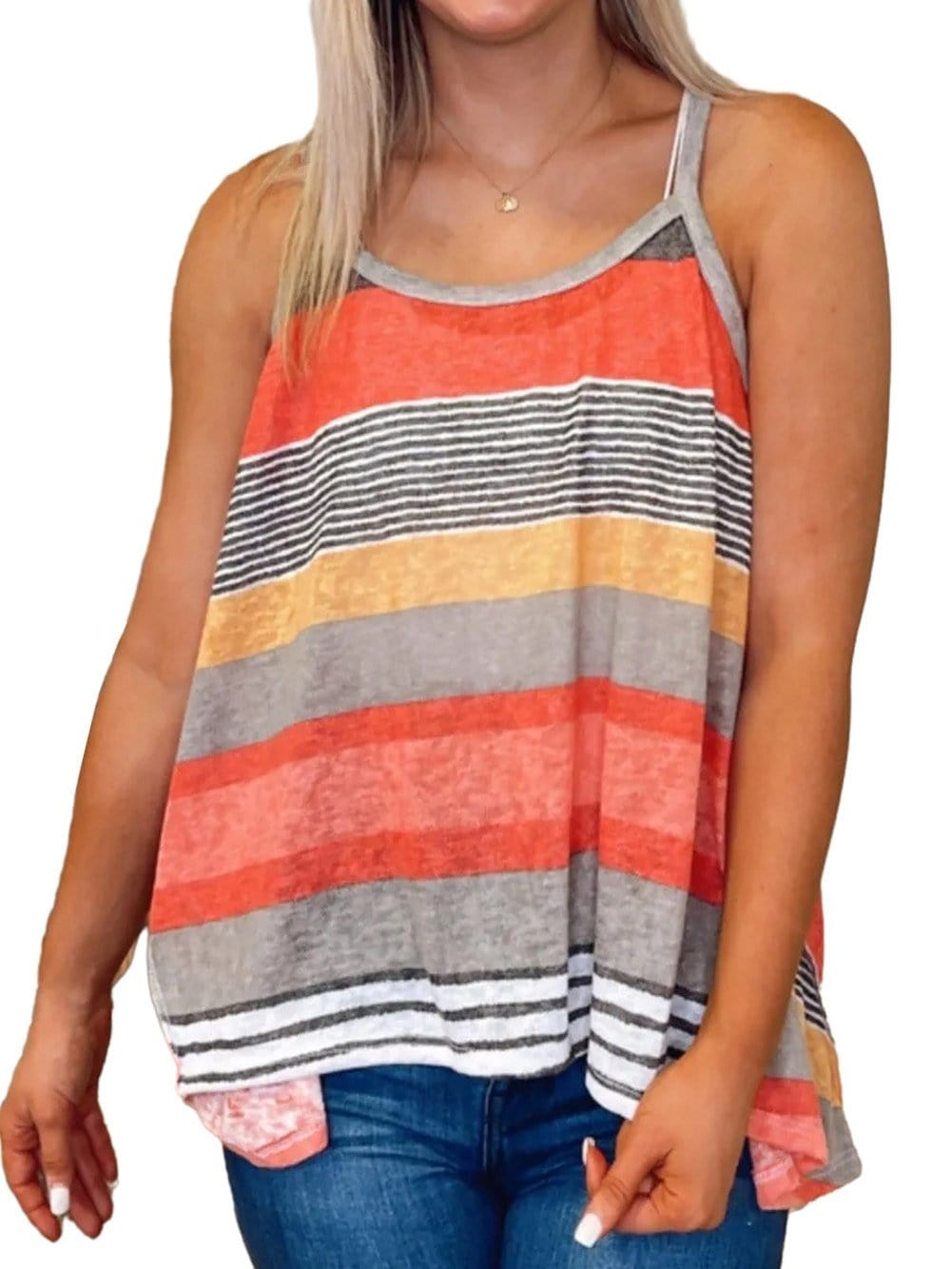 Red Striped Flowy Tank Top with Vibrant Colors