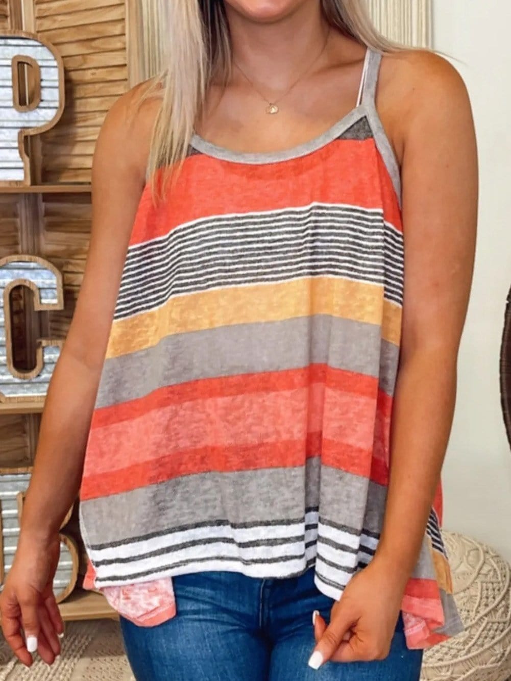Red Striped Flowy Tank Top with Vibrant Colors