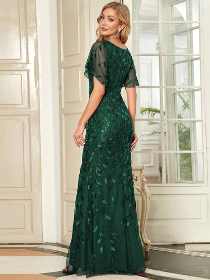 Regal Leaf-Sequined V Neck Fishtail Gown