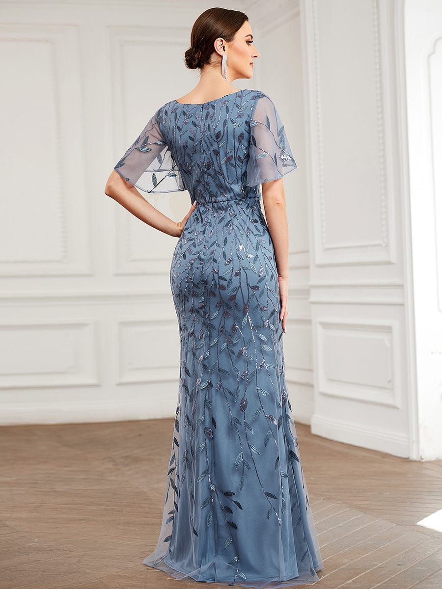 Regal Leaf-Sequined V Neck Fishtail Gown