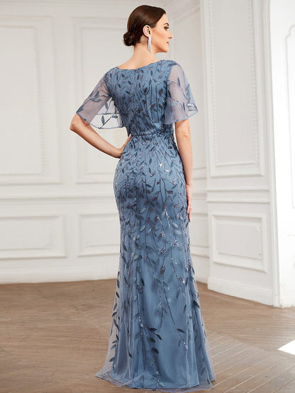 Regal Leaf-Sequined V Neck Fishtail Gown